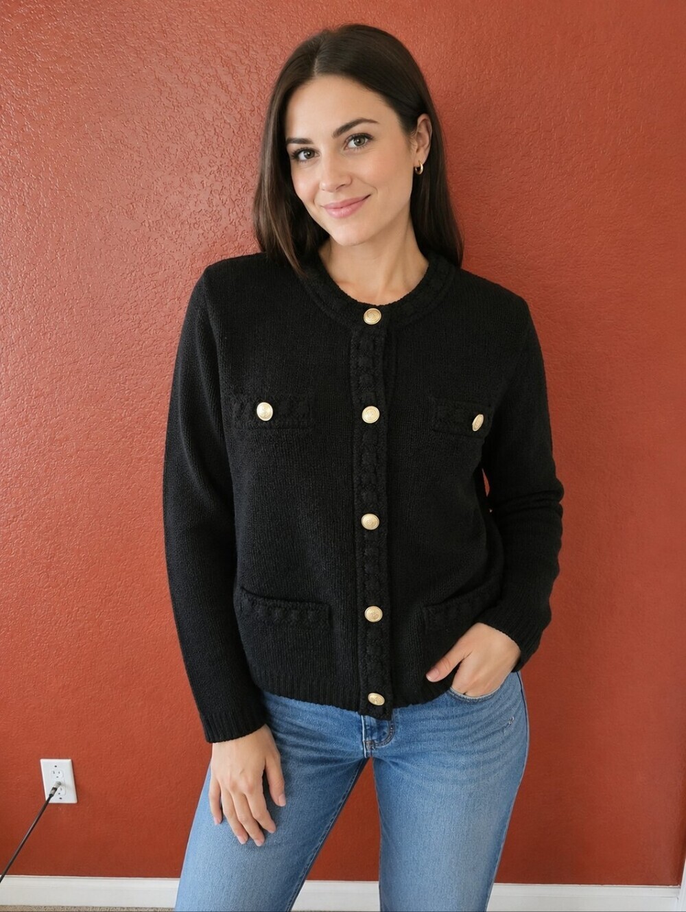 H&M Black Knit Cardigan with Gold Buttons